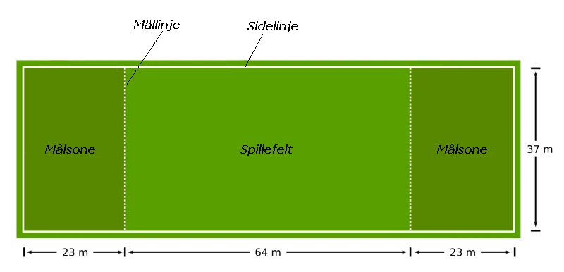Schematische Darstellung eines Ultimate-Spielfelds mit Endzonen und Maßangaben.