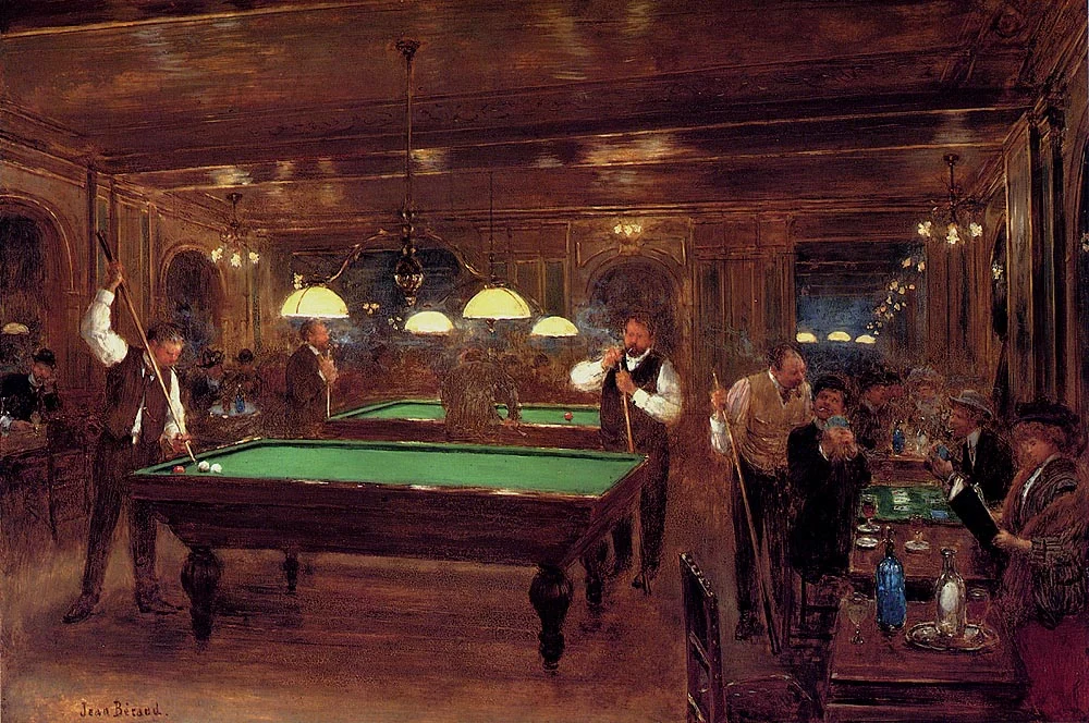 Gemälde eines Billardsalons mit zwei grünen Billardtischen, Spielern mit Queues und Zuschauern.
