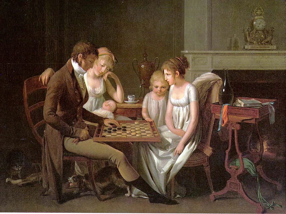Historisches Gemälde einer Familie, die um ein Damebrett mit schwarzen und weißen Steinen versammelt ist.