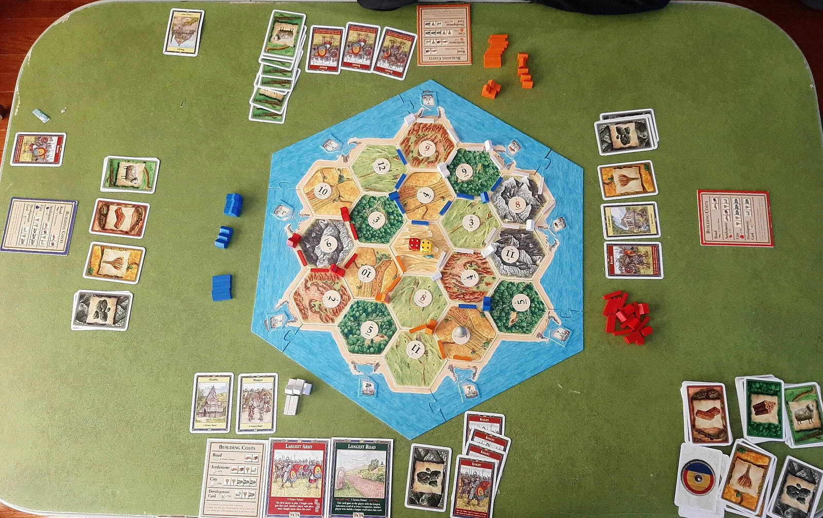 Aufsicht auf ein beendetes Catan-Spiel mit Sechseckplan, Zahlenchips, Straßen und Siedlungen in vier Farben.