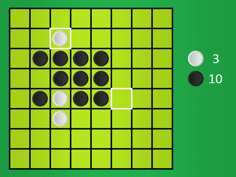 Grafik einer Reversi-Spielsituation mit markiertem Zug und Punktestand 3:10.